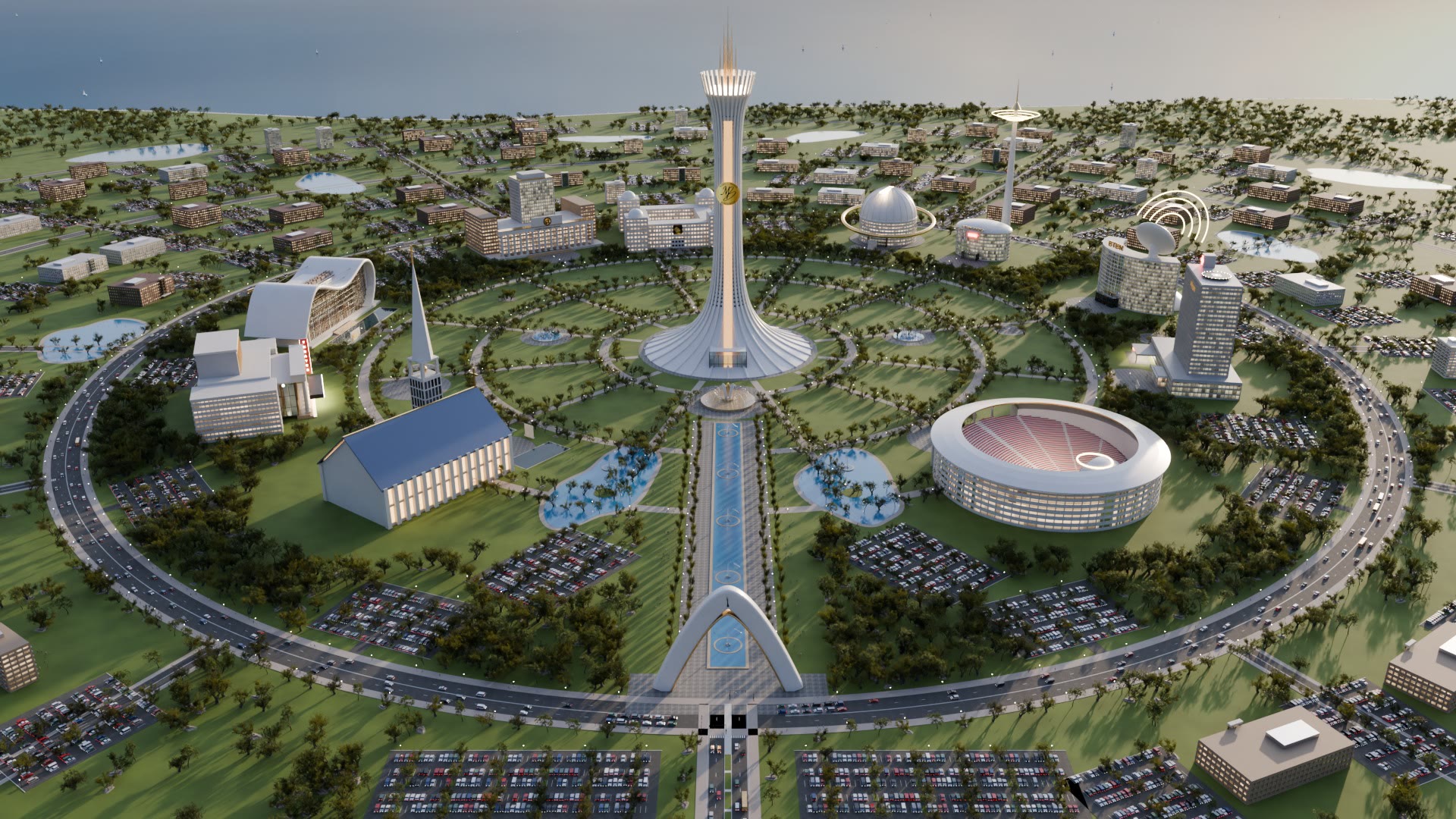 The City of Faith seen from above in golden evening light: a white tower with a gold crown at the centre, a ring of buildings around it in a forest clearing, and an avenue leading in from the welcome gate